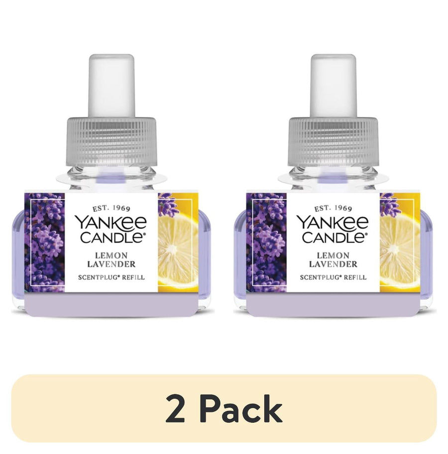 Two Yankee Candle Lemon Lavender ScentPlug refill bottles with lemon and lavender label artwork on white background.
