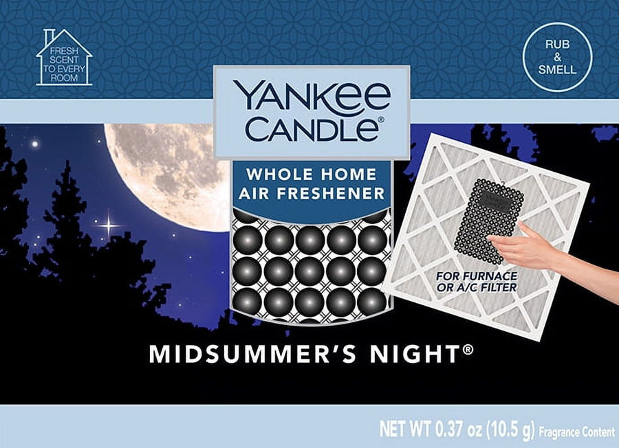 Yankee Candle Midsummer’s Night whole home air freshener packaging graphic with moonlit forest background and product image