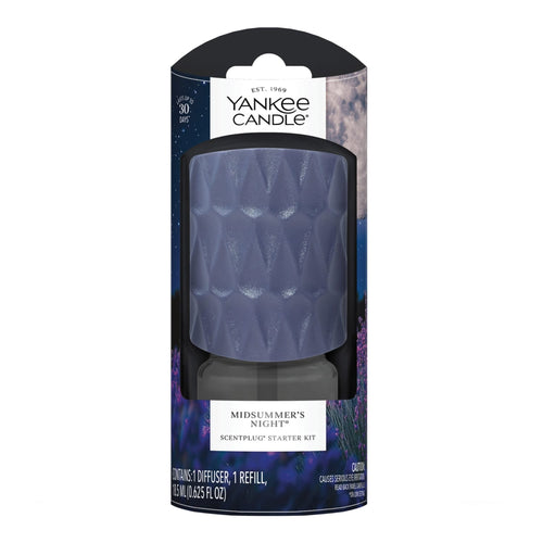 Packaged Yankee Candle ScentPlug starter kit with navy textured diffuser cap and visible refill bottle