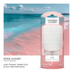 Yankee Candle Pink Sands ScentPlug starter kit pictured against a stylized pink-sand beach and turquoise ocean background