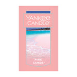Graphic label panel with Yankee Candle branding and Pink Sands beach image in pink-framed packaging artwork