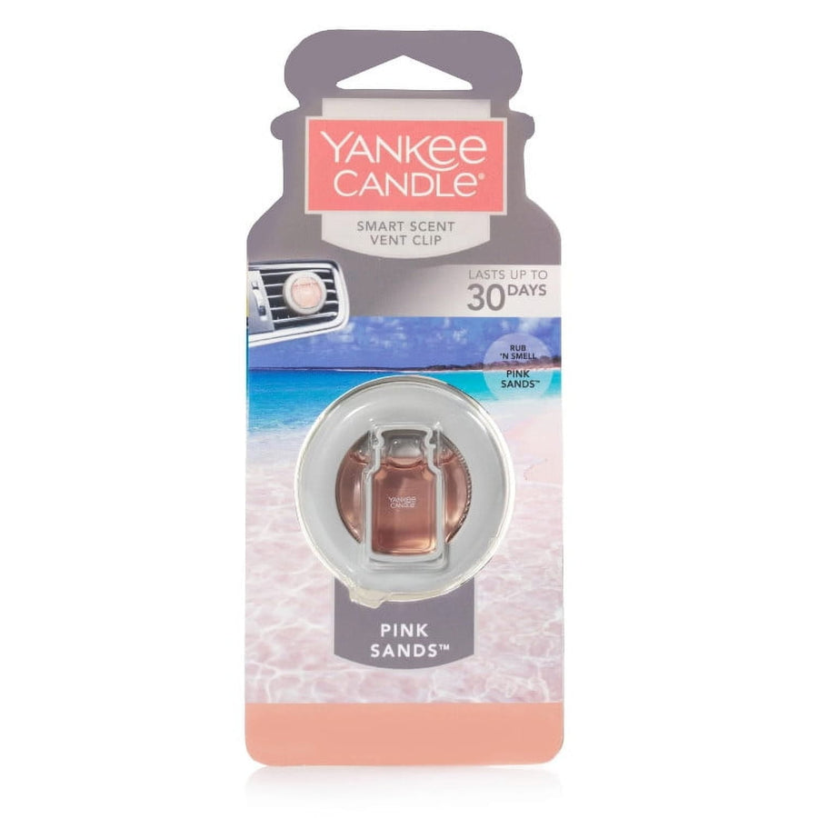 Yankee Candle Pink Sands smart scent vent clip packaged on branded card with beach artwork