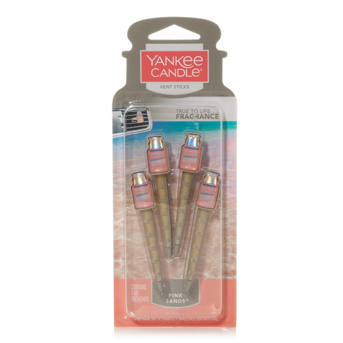 Blister pack of four Yankee Candle Pink Sands vent sticks displayed on branded backing card with beach graphic