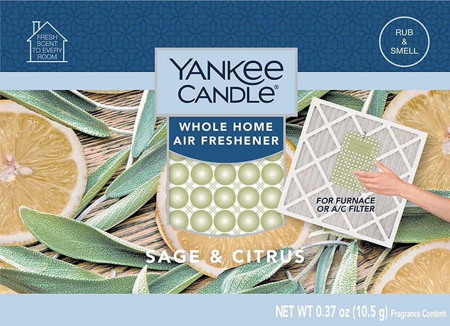 Front packaging of Yankee Candle Whole Home Air Freshener Sage & Citrus with lemon slices and sage leaves graphics.