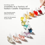 Promotional image showing multiple colorful ScentPlug refill bottles fanned out with headline about variety of Yankee Candle fragrances.