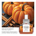 Yankee Candle Spiced Pumpkin ScentPlug refill pictured in front of glittery pumpkins and cinnamon sticks.