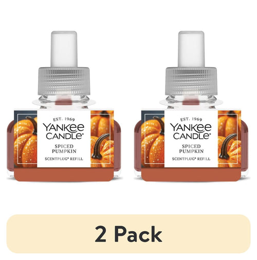 Two Yankee Candle Spiced Pumpkin ScentPlug refill bottles side by side with a 2 Pack label beneath.