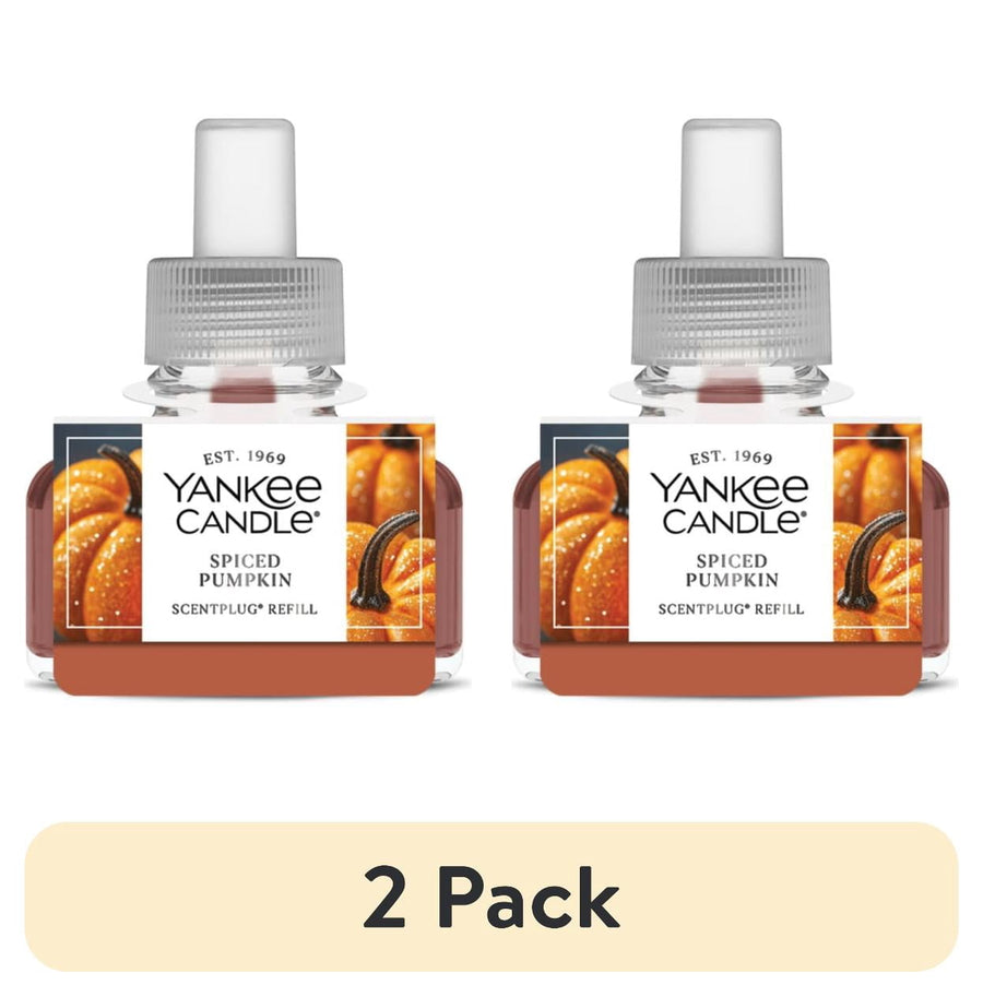 Two Yankee Candle Spiced Pumpkin ScentPlug refill bottles side by side with a 2 Pack label beneath.