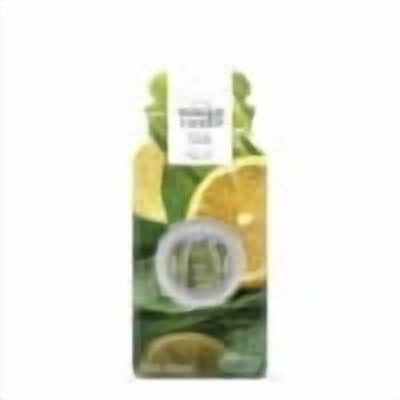 Blurry product box showing yellow citrus slices and green leaves with a circular vent-clip image in center.
