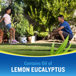 Outdoor lifestyle scene of a child and adult in a yard with text overlay stating contains oil of lemon eucalyptus.