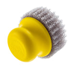 Yellow Scrub Hub handle with a gray textured scrub pad shown in isolation on white background