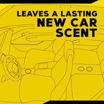 Yellow stylized line-art illustration of a car interior with bold text 'Leaves a Lasting New Car Scent' at top.