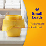 Close-up of a yellow measuring cup on a counter with graphic labels for medium and small load and text '46 Small Loads'