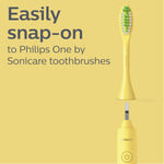 Yellow Philips One replacement brush head shown above a yellow toothbrush handle piece with text about easy snap-on attachment