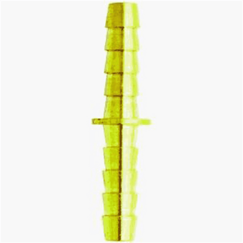 Yellow plastic double-barb hose mender connector with central stop, on white background