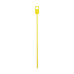 Single yellow flexible plastic drain cleaner snake tool with barbed notches and hanging hole on handle