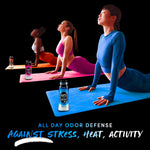 Three women doing yoga on colored mats with Downy Unstopables bottles shown in the foreground promoting all-day odor defense