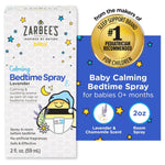 Zarbee's Baby Bedtime Spray box beside informational badge highlighting lavender and chamomile scent and 2 oz size