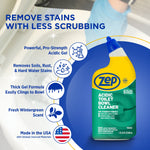 Promotional graphic showing Zep bottle and icons highlighting stain removal and wintergreen scent