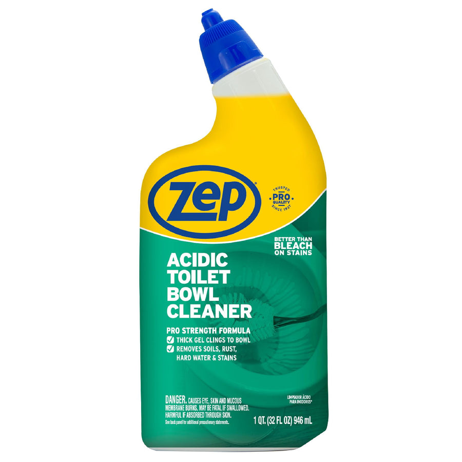 Zep acidic toilet bowl cleaner bottle with angled neck and blue cap, green label