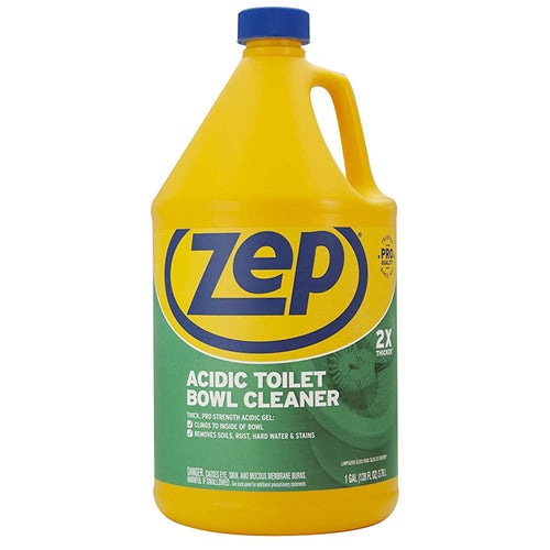 Yellow Zep gallon bottle with blue cap showing front label for acidic toilet bowl cleaner on a white background.