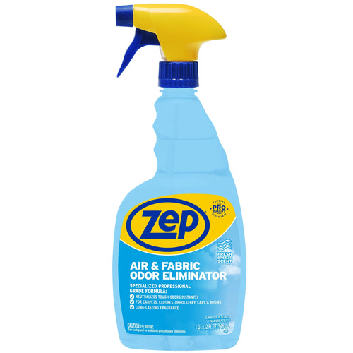Clear blue Zep spray bottle with yellow trigger labeled Air & Fabric Odor Eliminator on a white background.