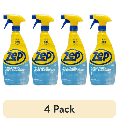 Four Zep Air & Fabric Odor Eliminator spray bottles with blue labels and yellow triggers on white background, '4 Pack' badge below.