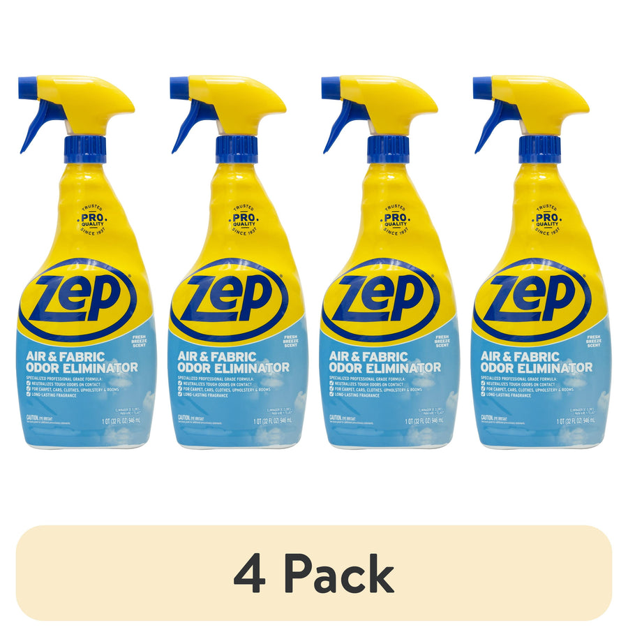 Four Zep Air & Fabric Odor Eliminator spray bottles with blue labels and yellow triggers on white background, '4 Pack' badge below.