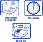 Blue line-art instructional graphics showing apply under rim, a clock labeled wait 5 minutes, and scrub & flush steps for toilet cleaning.