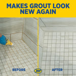 Before-and-after split image of tiled shower floor showing grout cleaned by Zep product, with 'Makes grout look new again' headline