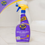 Zep Home Pro mold and mildew stain eraser bottle placed on a tiled bathroom surface with logo