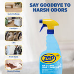 Zep spray bottle with vertical thumbnails showing carpets, furniture, cars, trash cans and shoes and headline 'Say Goodbye to Harsh Odors'.