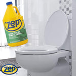 White toilet in a bathroom with a superimposed yellow Zep toilet bowl cleaner bottle and Zep logo in the corner.