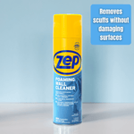 Single Zep Foaming Wall Cleaner can against a pale blue background with a callout reading 'Removes scuffs without damaging surfaces'.