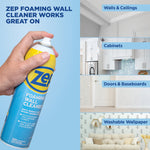 Hand holding a Zep foaming wall cleaner can next to labeled photos of walls, cabinets, doors and wallpaper