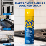 Zep oven & grill cleaner can staged on a kitchen countertop with small inset photos of ovens, grills and pans.