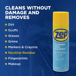 Graphic with Zep foaming wall cleaner can and list of soils it removes against a dark blue background