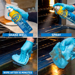 Four-panel instructional collage showing shaking, spraying, wiping and a dirty cloth with Zep cleaner in use.