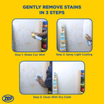 Step-by-step instructional graphic showing shaking, spraying and wiping a crayon-marked wall with Zep cleaner