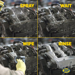 Four-panel sequence showing spray, wait, wipe, rinse steps cleaning a greasy engine component with Zep branding