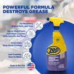 Promotional graphic showing Zep Industrial Purple Degreaser bottle with icons and text highlighting powerful formula and uses