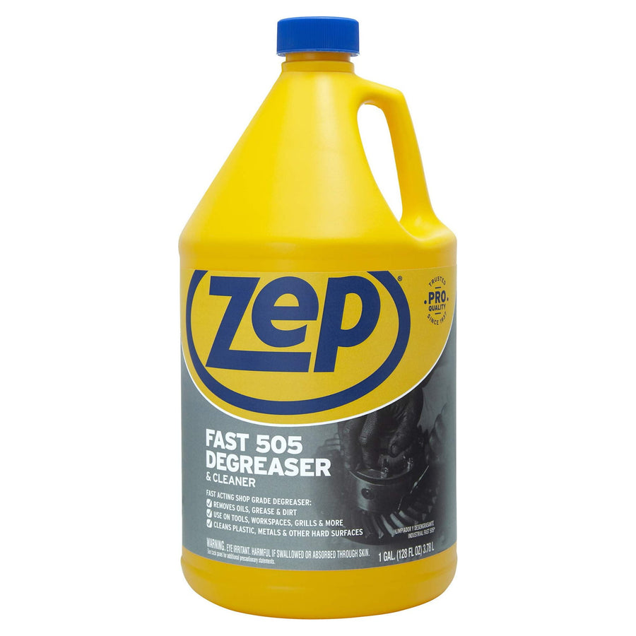 Yellow Zep gallon jug labeled "Fast 505 Degreaser & Cleaner" front view with blue cap and large Zep logo