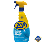 Zep Foaming Shower, Tub & Tile Cleaner yellow-and-blue spray bottle photographed on white background