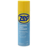 Tall Zep foaming wall cleaner aerosol can with yellow cap and blue label on white background