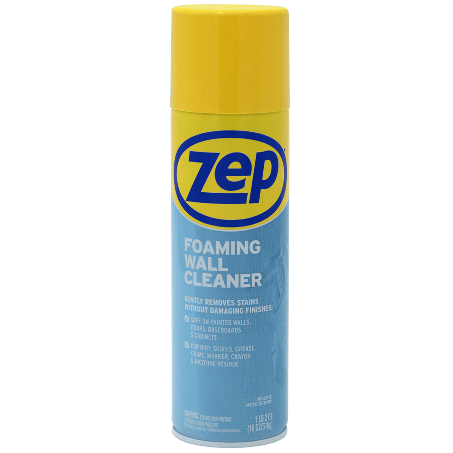 Tall Zep foaming wall cleaner aerosol can with yellow cap and blue label on white background