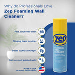 Promotional graphic showing Zep foaming wall cleaner can with benefits listed and American flag badge