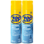 Two Zep foaming wall cleaner aerosol cans with yellow caps shown side by side on white background.