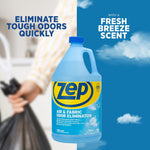 Zep gallon bottle on split background with text ‘Eliminate tough odors quickly’ and ‘Fresh breeze scent’ with sky clouds