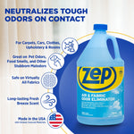 Zep gallon bottle with infographic text listing uses and benefits against a blue circular graphic and curtain background