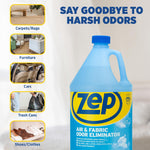 Zep Air & Fabric Odor Eliminator gallon pictured with icons showing carpets, furniture, cars, trash cans and shoes